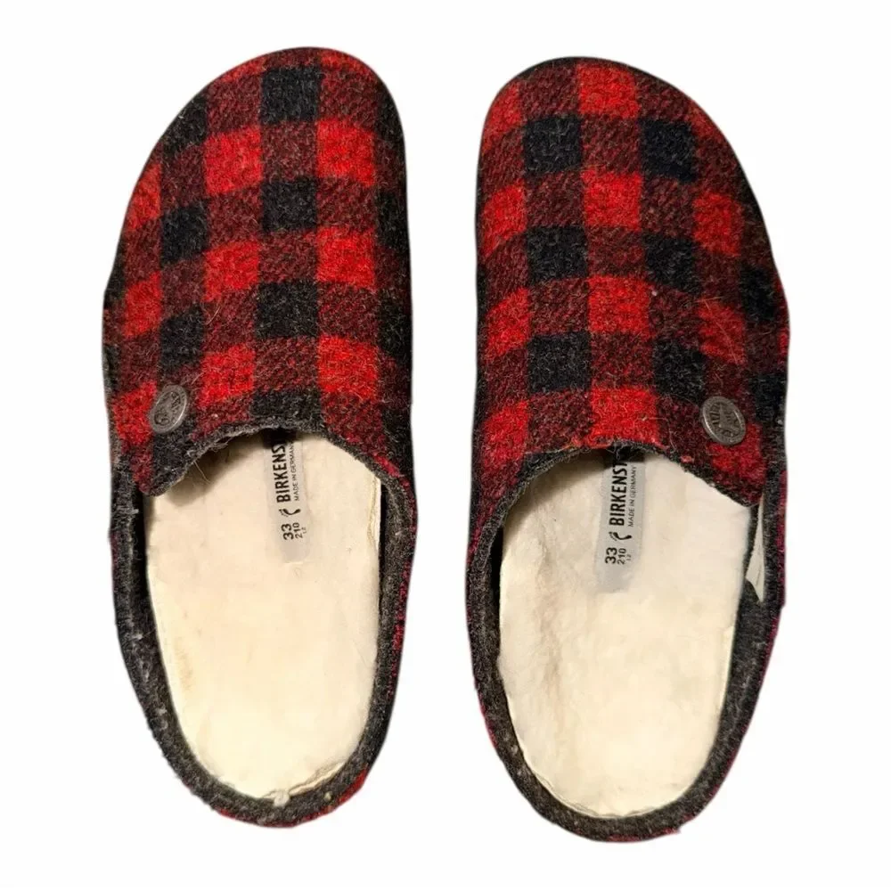 Birkenstock Kids Zermatt Shearling Wool Plaid Tartan Red Clogs Slippers EU 33